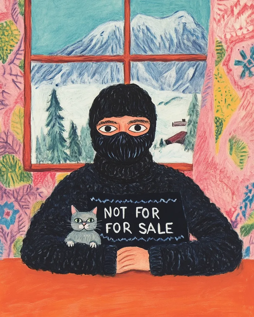 A person wearing a black turtleneck and balaclava sits at an orange table. They are holding a sign that says "NOT FOR SALE" with a small gray cat beside them. A window behind them shows a snowy mountain scene. The room is decorated with floral patterns.  The artwork is painted with thick brushstrokes in a whimsical style.