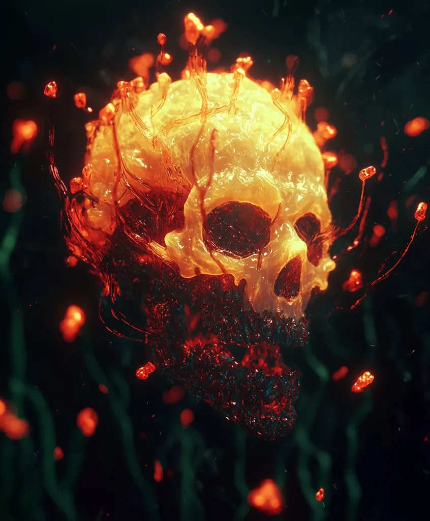 A skull is enveloped in a glowing, orange, viscous liquid that resembles molten metal. Numerous, thin, tendrils extend out from the skull, resembling a crown of fiery thorns. The background is dark and obscured, adding to the ominous and surreal nature of the image. The overall effect is both visually striking and unsettling.