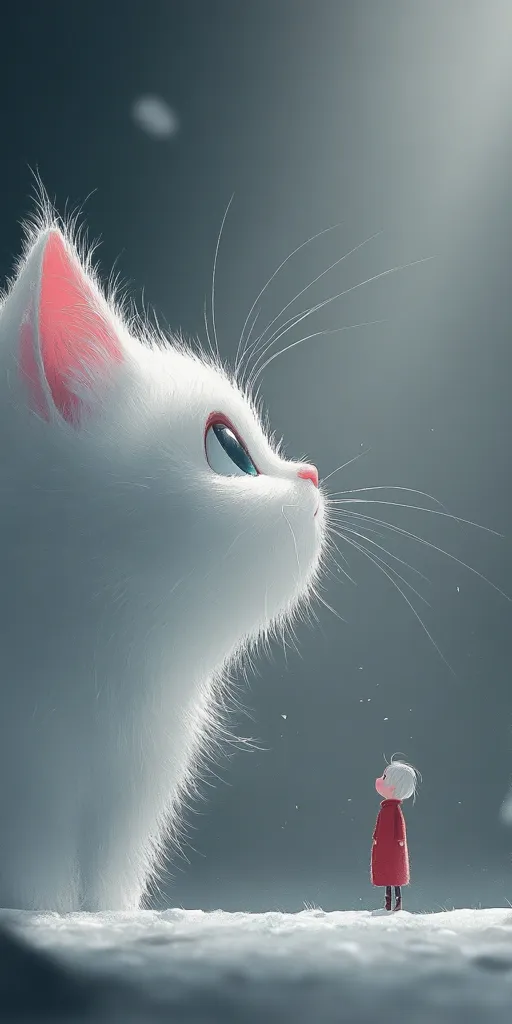 A large, fluffy white cat with a pink ear looks down at a small person in a red coat standing in the snow. The scene is simple and cute, with a soft, dreamy atmosphere. The cat's fur is intricately detailed, highlighting its plush texture. The contrast between the cat's size and the person emphasizes their smallness and vulnerability. The image evokes a sense of wonder and curiosity.