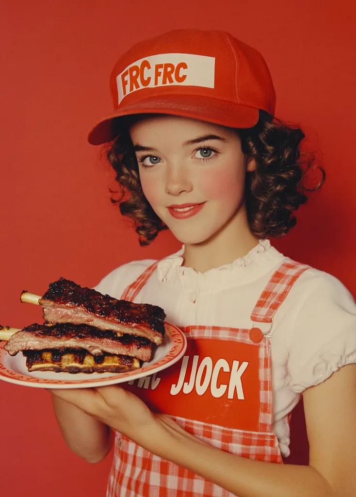 A young girl with curly brown hair is wearing a red and white checkered overall and a red baseball cap with "FRC FRC" written on it. She is holding a plate of grilled ribs and smiling at the camera. The background is a solid red.  She looks happy and proud of her food.
