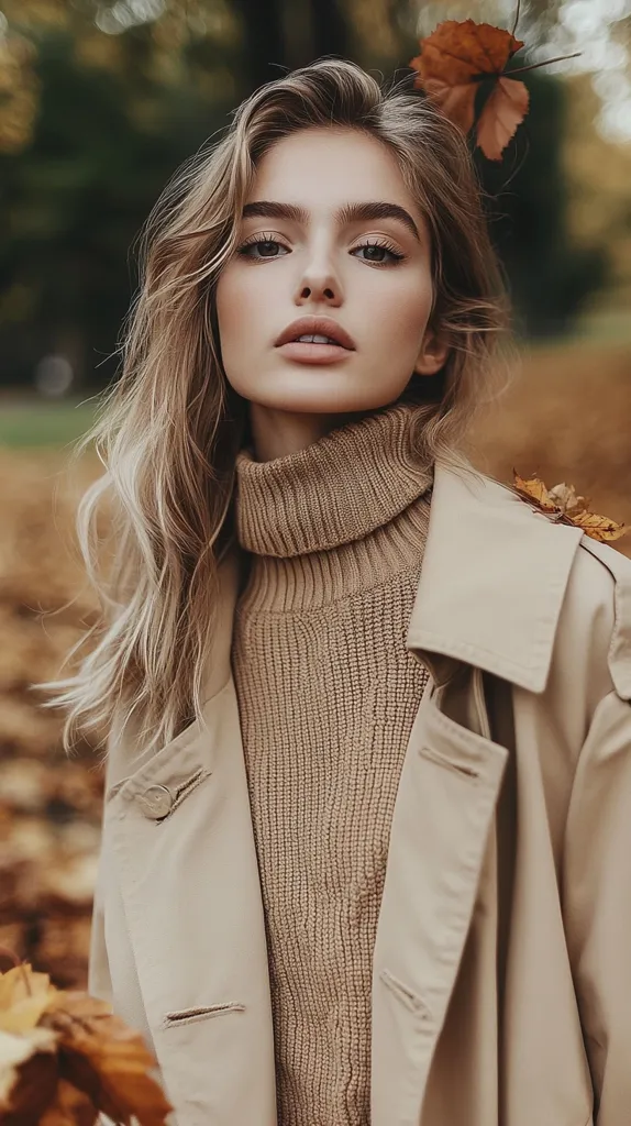 A young woman with long blonde hair stands in a forest, wearing a beige turtleneck sweater and a matching trench coat. She has a serious expression and looks directly at the camera. The background is blurred, suggesting a fall setting with autumn leaves on the ground. The photo captures a sense of quiet contemplation and the beauty of nature.