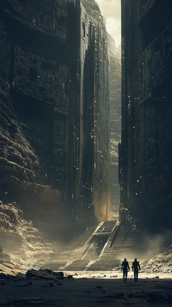 Two figures walk up the steps leading to a large, dark stone structure. The structure is made up of two tall, imposing walls that meet at the top, creating a narrow passageway. The walls are covered in a rough, textured surface, and the light coming from above casts long shadows. The figures appear small in the vastness of the structure. The scene has a mysterious and otherworldly feel.