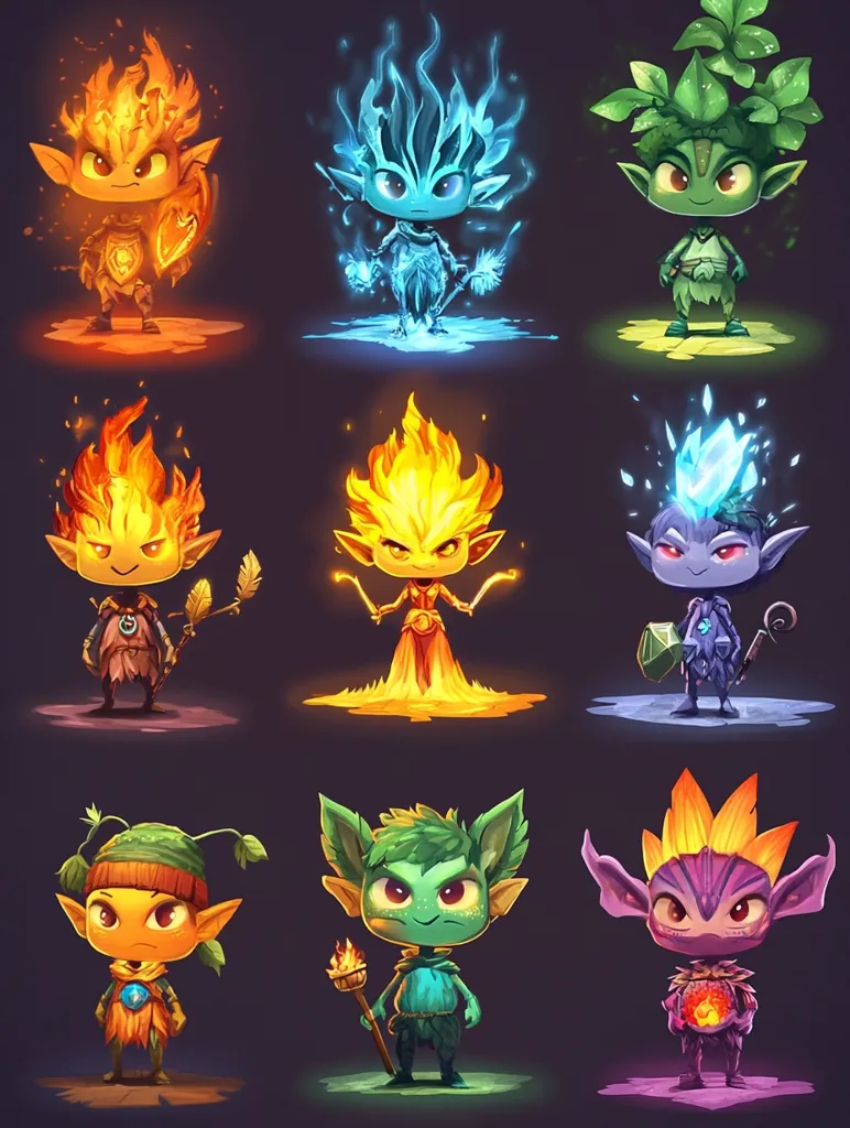The image shows nine adorable, cartoon-like creatures, each representing a different element. The elements are fire, water, earth, air, light, dark, and a few more. The creatures are all small and have large heads and eyes, with pointy ears and a mischievous look. They are all dressed in outfits that reflect their element, and they are standing in front of a dark background. The image is full of bright colors and energy.  They are all unique and interesting, and they would make great characters in a video game or cartoon.