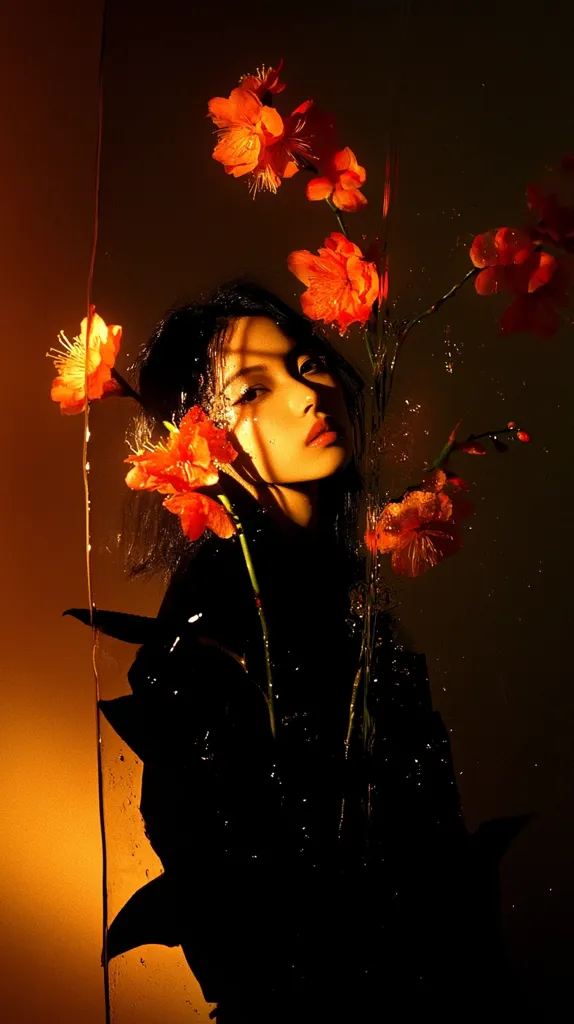 A young woman with dark hair is silhouetted against a backdrop of vibrant orange flowers. The flowers are arranged in a flowing cascade, creating a sense of movement and whimsy.  The woman's face is partially obscured by the flowers, adding an element of mystery and intrigue. The warm lighting and the soft focus of the image create a dreamlike atmosphere.