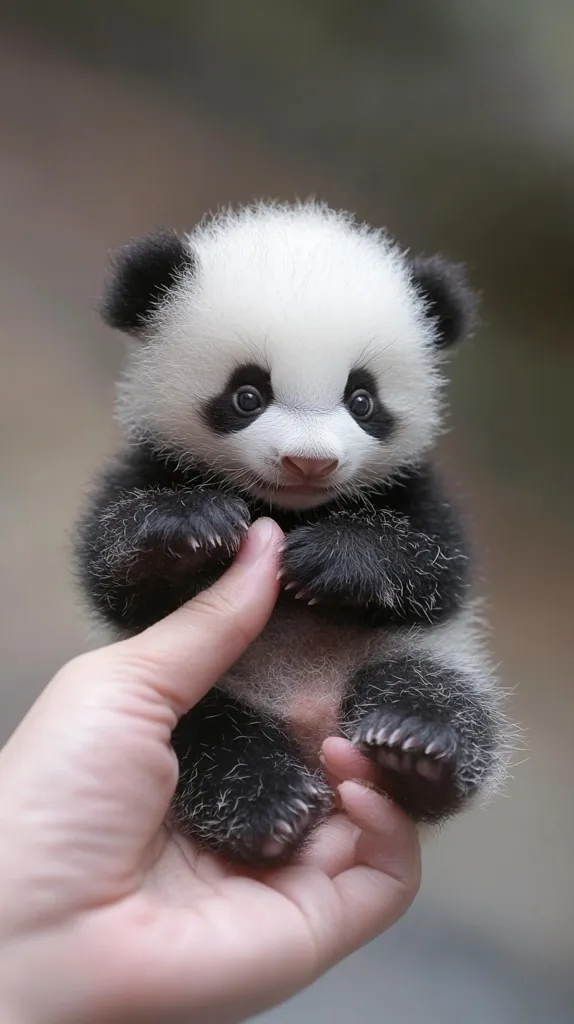 A tiny panda cub, with soft black fur and big, dark eyes, sits in the palm of a human hand. The panda's paws are curled up, and its small, pink nose is visible. The cub looks up at the camera with a curious expression. The image is a close-up and captures the adorable innocence of the panda cub.  The soft, fuzzy fur and the panda's wide eyes create a feeling of tenderness and warmth.