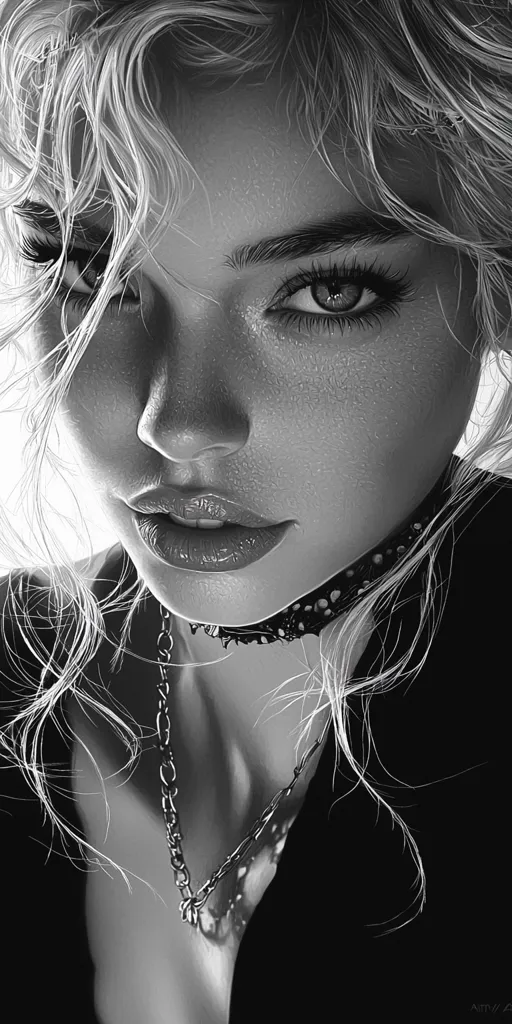 A black and white portrait of a woman with long, flowing hair. Her eyes are captivating, her lips full and pouty, and she wears a necklace and a choker. The image has a mysterious and alluring quality. Her expression is one of both confidence and vulnerability.  The soft lighting and focus on her face create an intimate and sensual atmosphere.