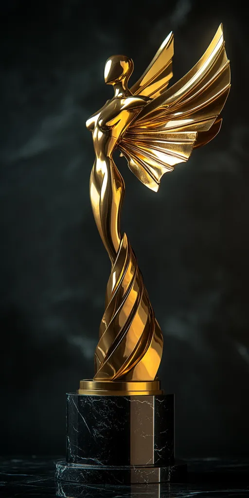 A golden award trophy in the shape of a woman with wings stands on a black marble base. The trophy has a sleek, modern design, and the woman's body is twisted in a dynamic pose. The wings are spread wide, creating a sense of movement and power. The trophy is illuminated by soft light, making it appear even more magnificent.