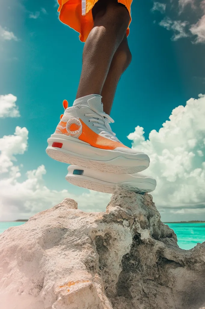 A person wearing orange shorts and white sneakers is jumping up towards the sky. Their foot is about to land on a rock formation on a beach. The sky is a beautiful blue with white fluffy clouds. The turquoise water of the ocean is in the background. The scene is bright and cheerful.  The photo is taken from a low angle, looking up at the person's leg.  The person is wearing a pair of white sneakers with orange accents.  The photo captures a sense of freedom and joy.