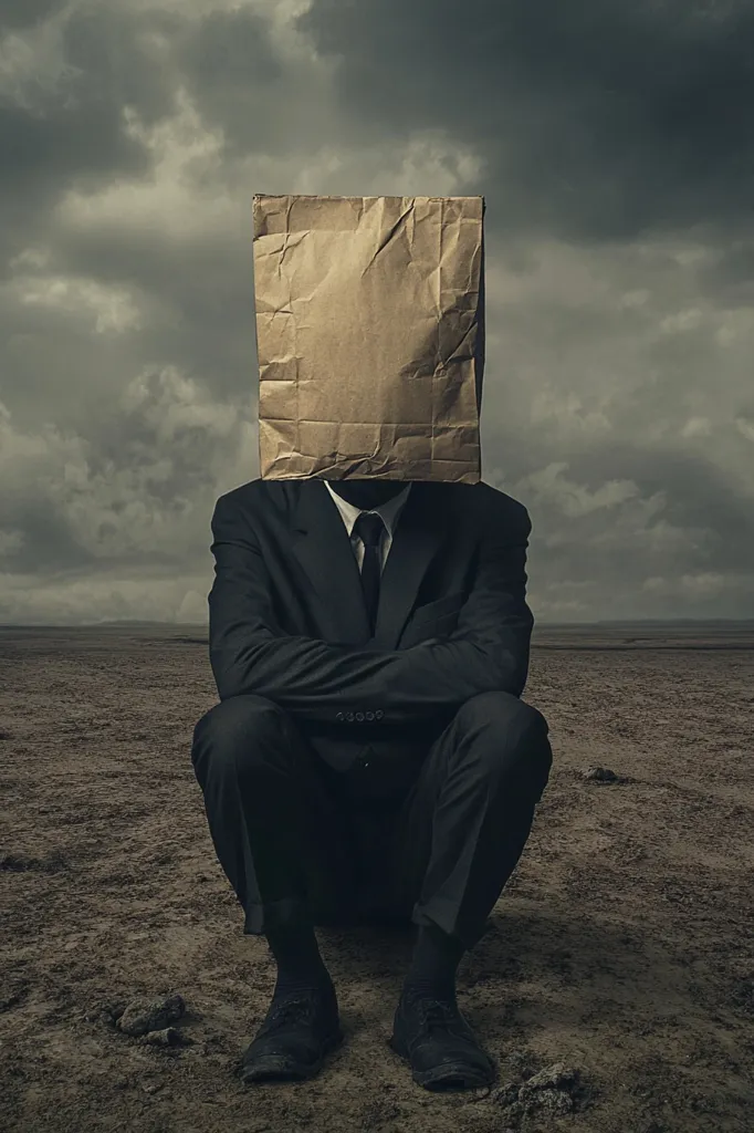 A person in a black suit sits on a barren, sandy ground. They are wearing a brown paper bag over their head, concealing their identity. The sky above is cloudy and overcast, mirroring the somber mood of the image. The composition creates a sense of anonymity and secrecy, leaving the viewer to contemplate the person's hidden thoughts and motivations.