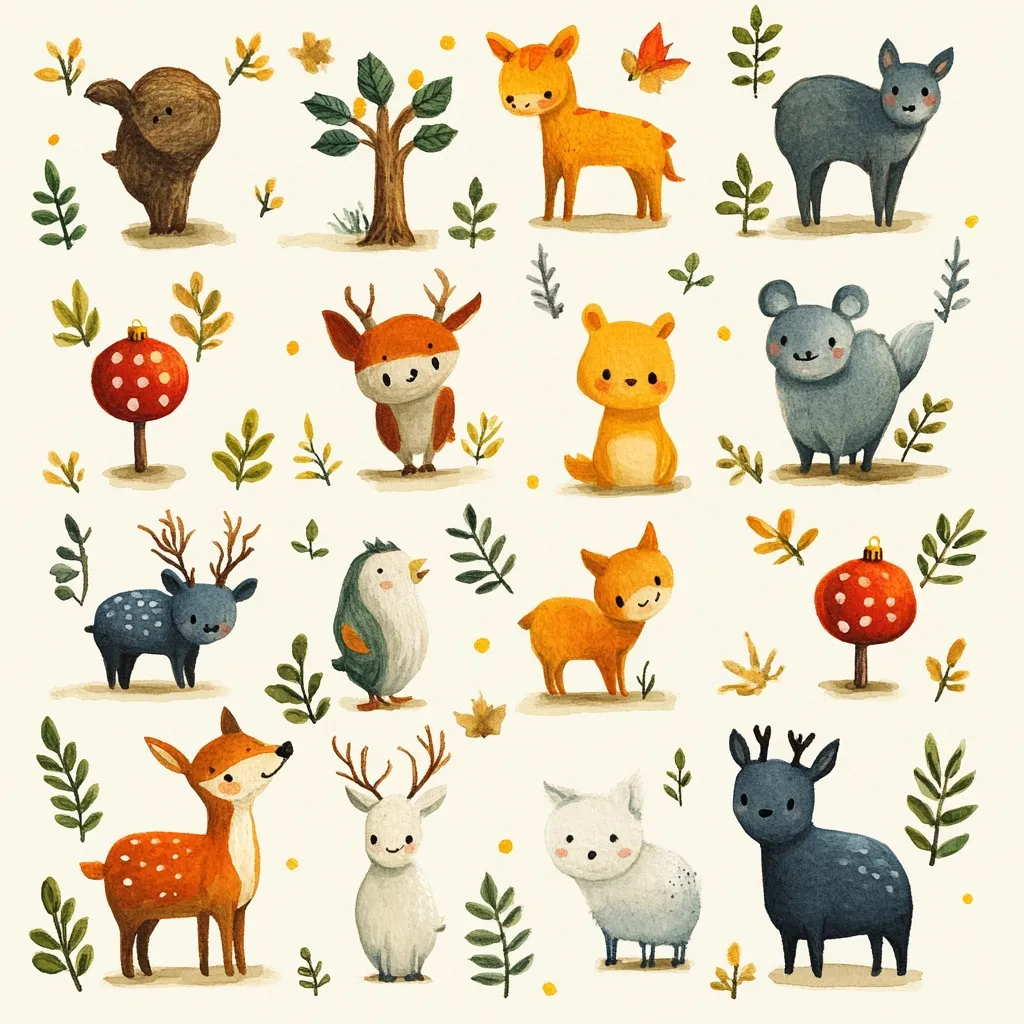 The image is a whimsical illustration of various forest animals and plants, done in a watercolor style. The animals include deer, a penguin, a bear, a fox, and a mouse. The plants include trees, mushrooms, and leafy branches. The image is set against a white background with yellow dots.