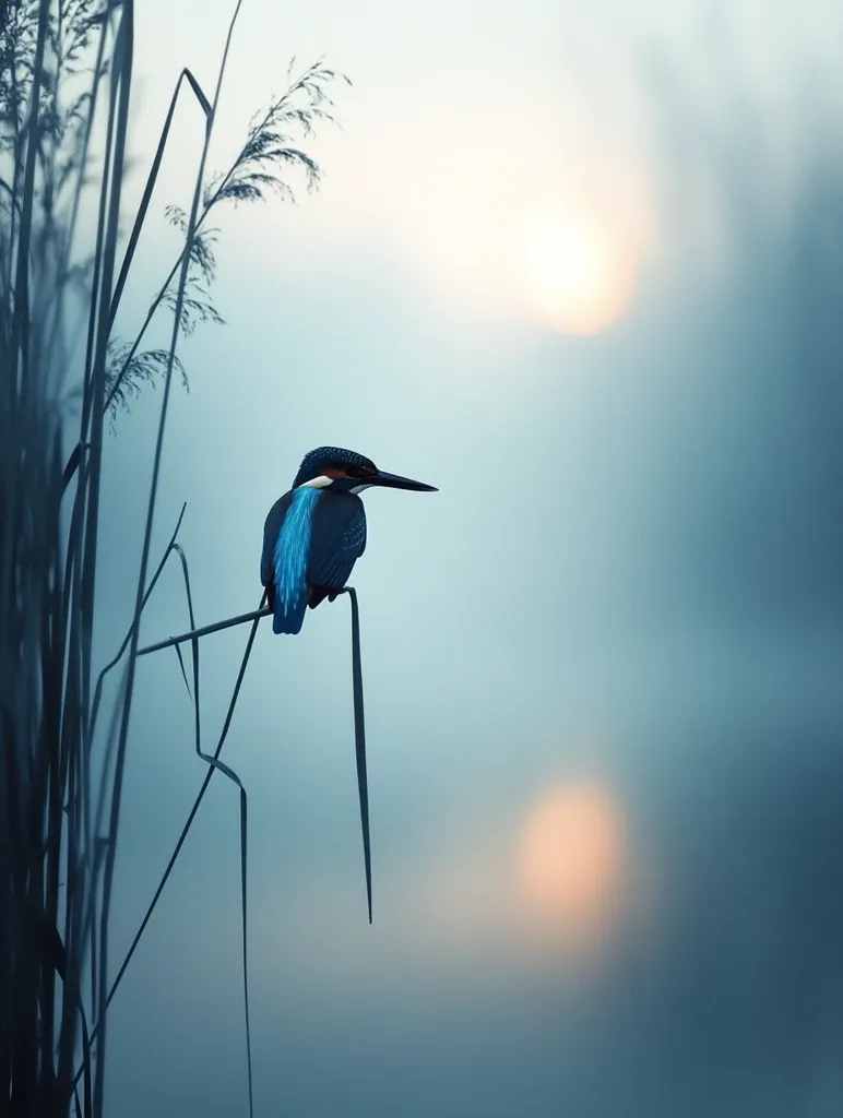 A kingfisher perches on a tall reed, its blue and black feathers contrasting against the hazy, soft-toned background. The sun peeks through the mist in the distance, casting a warm glow on the water. The scene evokes a sense of calm and tranquility, highlighting the beauty of nature in its simplest form.