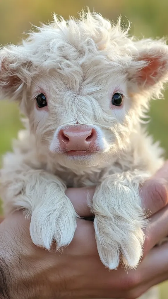 A fluffy white calf with large, dark eyes and a pink nose looks directly at the camera. The calf is being held by a person's hand, and its soft, white fur is visible. The background is blurred and out of focus. The calf's innocence and cuteness are highlighted in the image.
