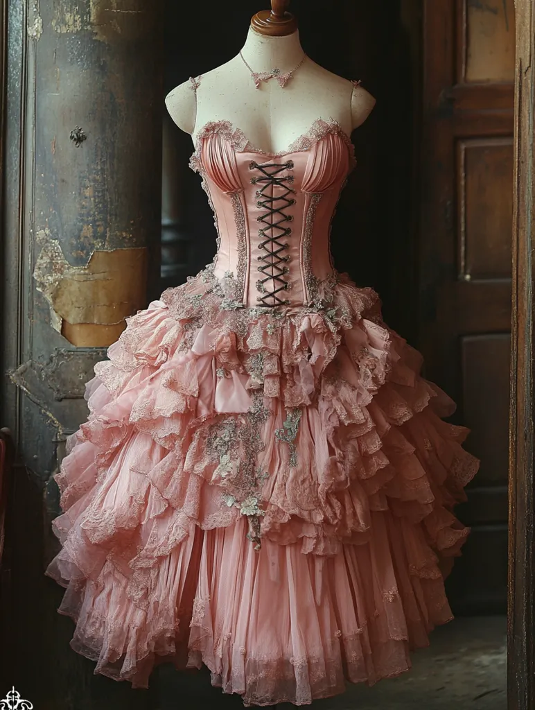 A pink, strapless dress with a corseted bodice, intricate lace detailing, and a layered skirt with ruffles. The dress is displayed on a mannequin against a rustic wooden backdrop, creating a vintage and romantic aesthetic.  The dress evokes a sense of elegance and femininity, reminiscent of Victorian fashion.