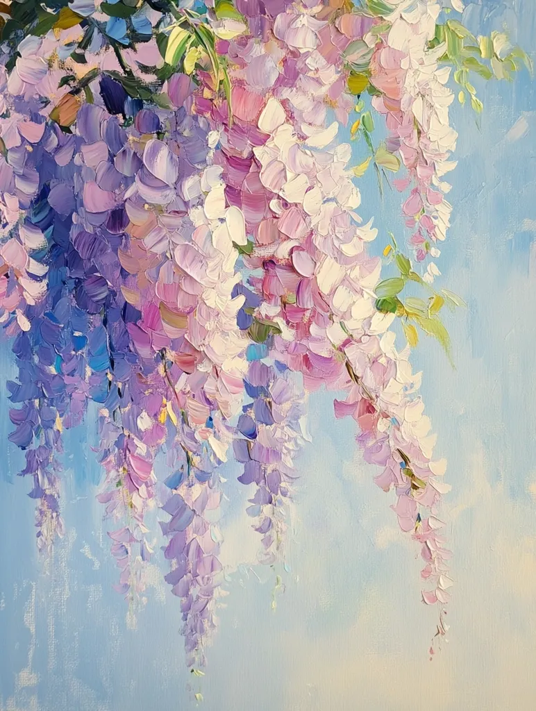 A painting of a cluster of pale purple wisteria flowers hanging from a vine against a light blue sky. The flowers are painted with thick, textured strokes, creating a sense of movement and depth. The overall effect is one of beauty and tranquility.  The painting captures the delicate beauty of the wisteria flower. The artist has used a vibrant palette of colors to create a sense of life and energy. The painting is a reminder of the beauty that can be found in nature.