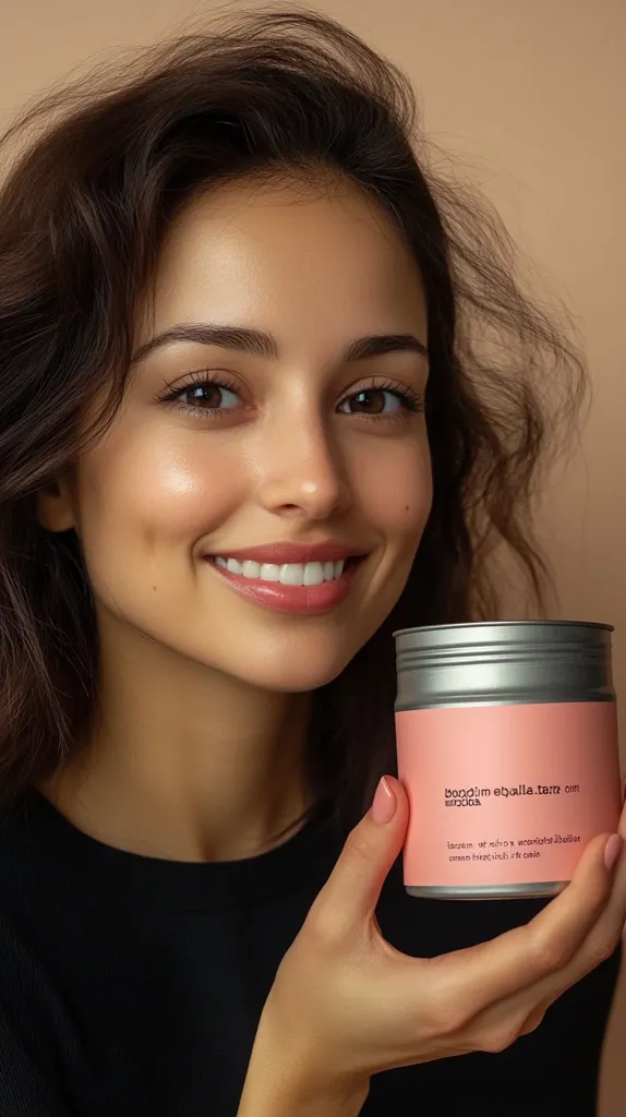 A young woman with long dark hair smiles broadly at the camera. She is holding a small pink container with black lettering, possibly a beauty product. Her skin is flawless and she is wearing a black top. The background is a soft beige. The overall tone is bright and cheerful, suggesting a beauty product advertisement.
