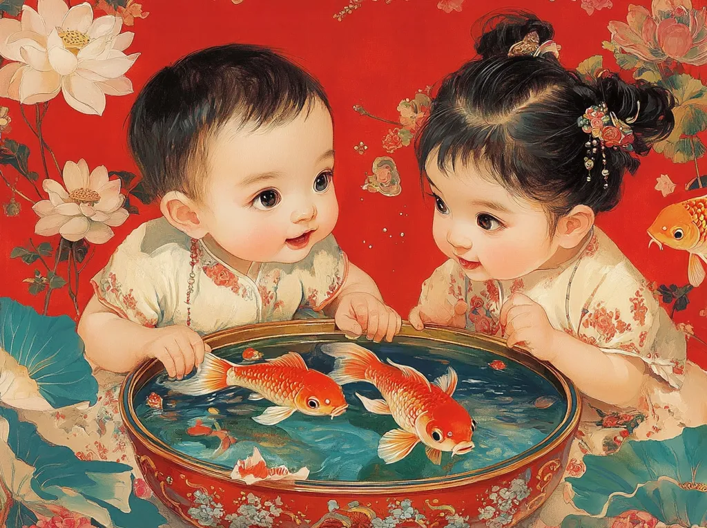 Two young children, a boy and a girl, are dressed in traditional Chinese clothing and are leaning over a bowl of water containing two goldfish.  The children are looking intently at the goldfish, their faces filled with wonder. The background is a vibrant red with blooming white lotuses. The scene is painted in a delicate and whimsical style.