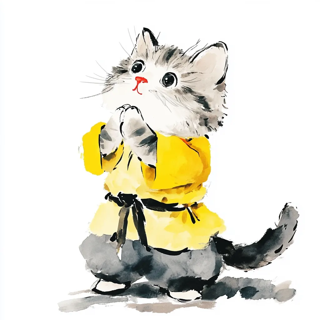 The image is a watercolor painting of a cat dressed in a yellow karate gi with a black belt. It has a fluffy gray and white coat, and it’s looking up with its paws clasped in a prayer-like pose.  The cat’s tail is flowing behind it, and there is a light gray background.