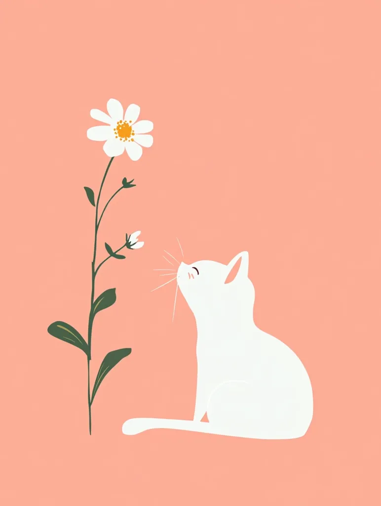 A white cat with closed eyes sits on a light pink background, looking up at a single white flower with a yellow center, blooming on a green stem with a few leaves. The cat has a delicate expression, with its whiskers slightly visible. The image evokes a sense of calm and innocence.