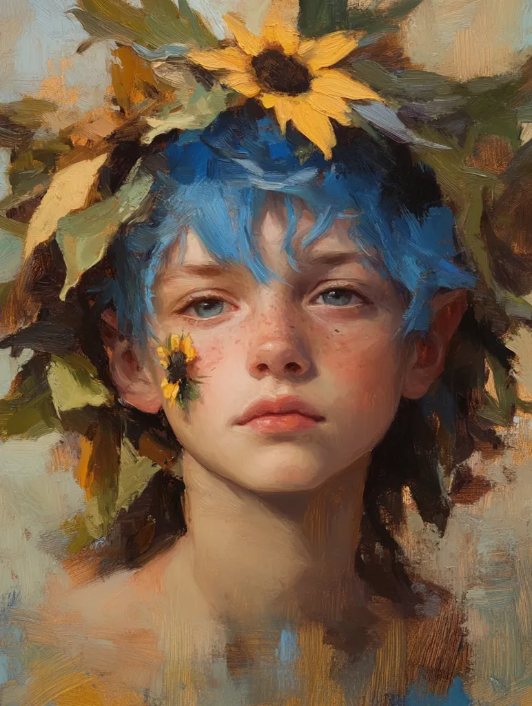 Abstract oil painting of a young boy with blue hair and flowers painted on his face poses for the camera, wearing a costume inspired by fairies, with leaves wrapped around her head, creating an ethereal atmosphere. The painting features wide brush strokes, bright colors, and warm tones, The painting is in the style of Jeremy Lipking and Richard Schmid, with a realistic still life and dramatic lighting. --ar 3:4