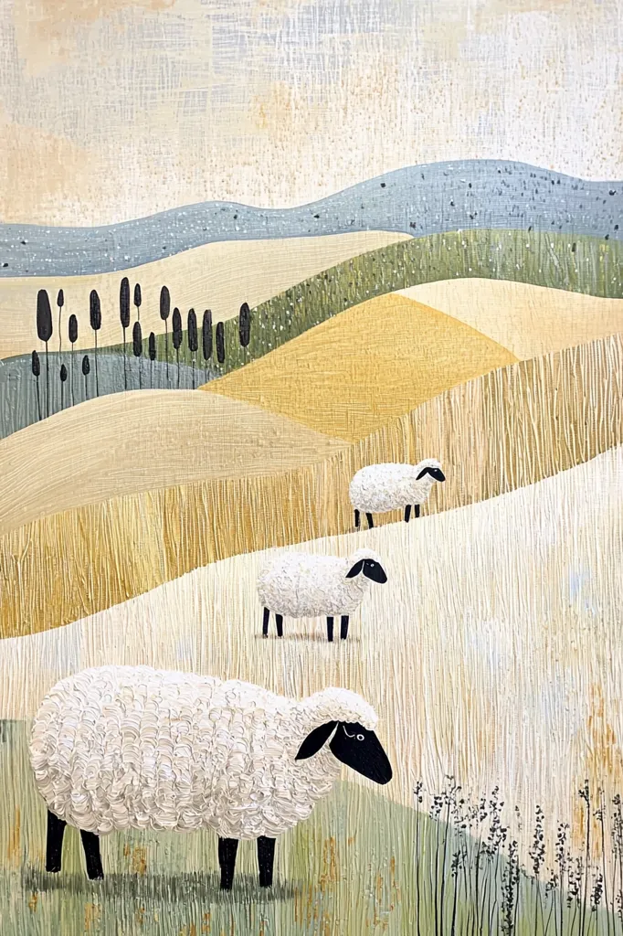 A painting of three sheep in a field. The sheep are white with black faces and legs. The field is a light tan with some green areas. There are some small trees in the distance, and a blue and green hilly landscape in the background. The painting has a textured style, giving the impression of a canvas painted with thick brush strokes. The sky is light blue and white. The overall impression is of a peaceful and tranquil rural scene.
