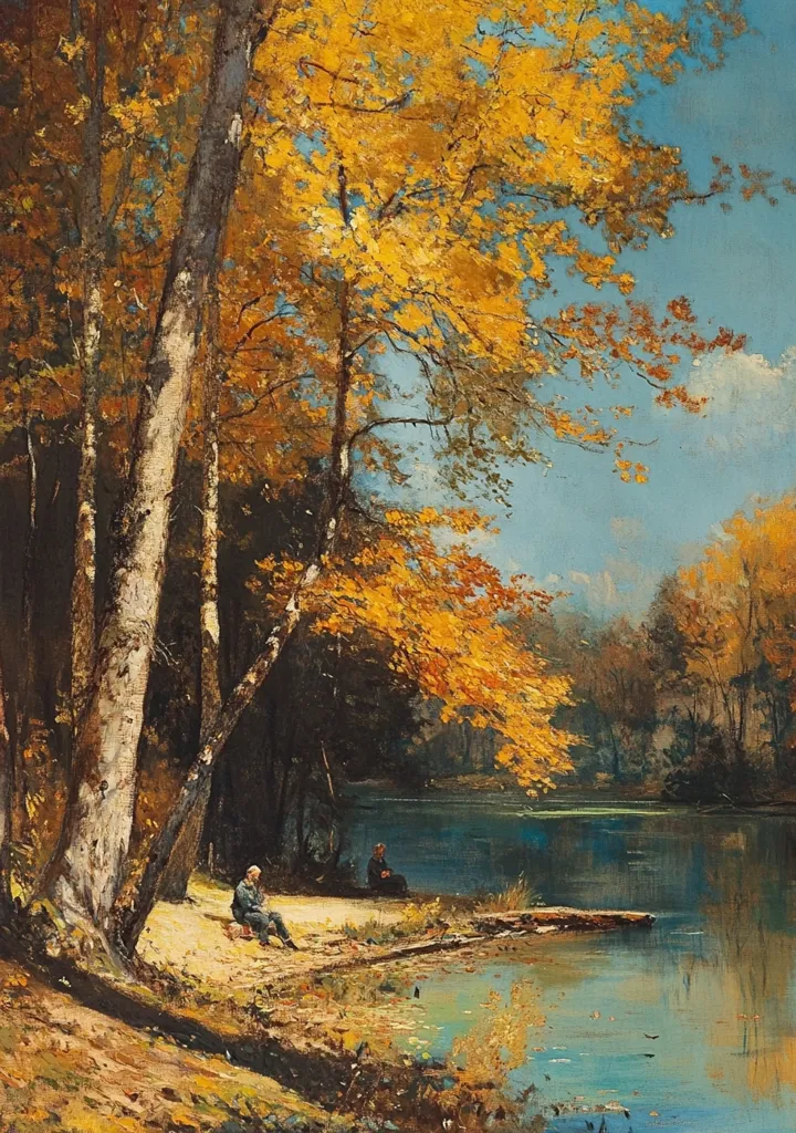 The painting depicts a serene autumn scene.  A tranquil river winds through a forest, its surface reflecting the blue sky above.  The trees, ablaze in vibrant hues of yellow and orange, stand tall against the backdrop of a soft, light blue sky.  A man sits on the bank, enjoying the peaceful ambiance, while another figure stands further back.  Golden leaves litter the ground, creating a warm and inviting atmosphere.  The overall mood is peaceful and contemplative, capturing the beauty and tranquility of nature.