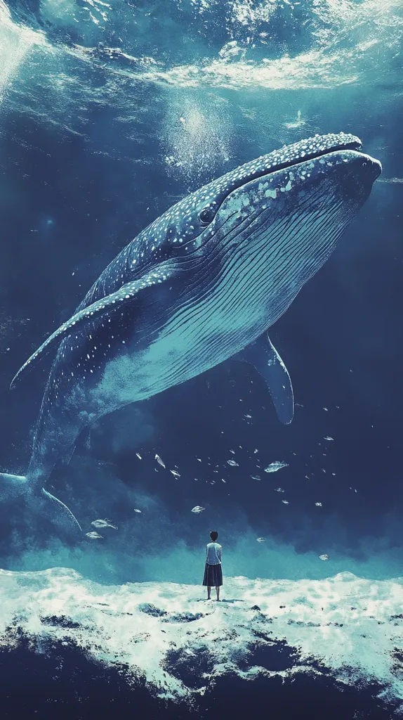 A giant blue whale swims through the water, its massive body filling the frame. A lone figure stands on a rocky outcropping, gazing at the whale in awe. The scene is bathed in a soft blue light, and the water is filled with tiny fish. The image evokes a sense of wonder and awe at the beauty and power of nature.