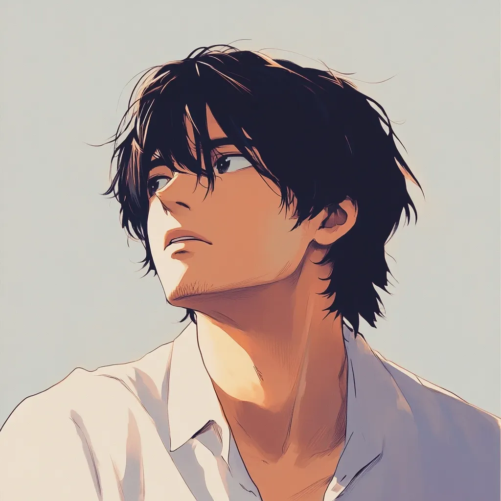 The image depicts a young man with short black hair, wearing a white shirt, looking up and to the left with a pensive expression on his face.  The lighting is soft and warm, casting a gentle glow on his features. The image evokes a sense of calm and contemplation.  The background is a simple, light grey,  drawing focus to the subject's face. The style is realistic and detailed, capturing the nuances of the man's expression and the texture of his skin.