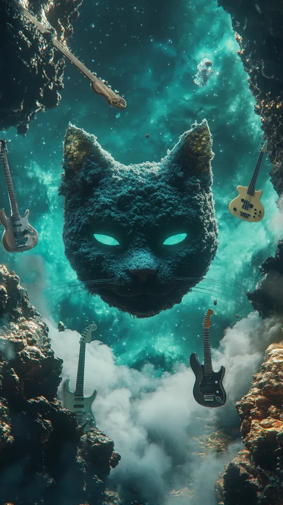 The image depicts a large, cat-shaped rock formation floating in a swirling nebula. The cat's eyes glow an eerie green, adding to the otherworldly atmosphere. Four electric guitars are scattered across the scene, two of which are suspended by thin threads. The guitars and rock formation seem to be adrift in a vast, cosmic landscape. The scene is bathed in an ethereal, turquoise light, creating a sense of mystery and wonder.