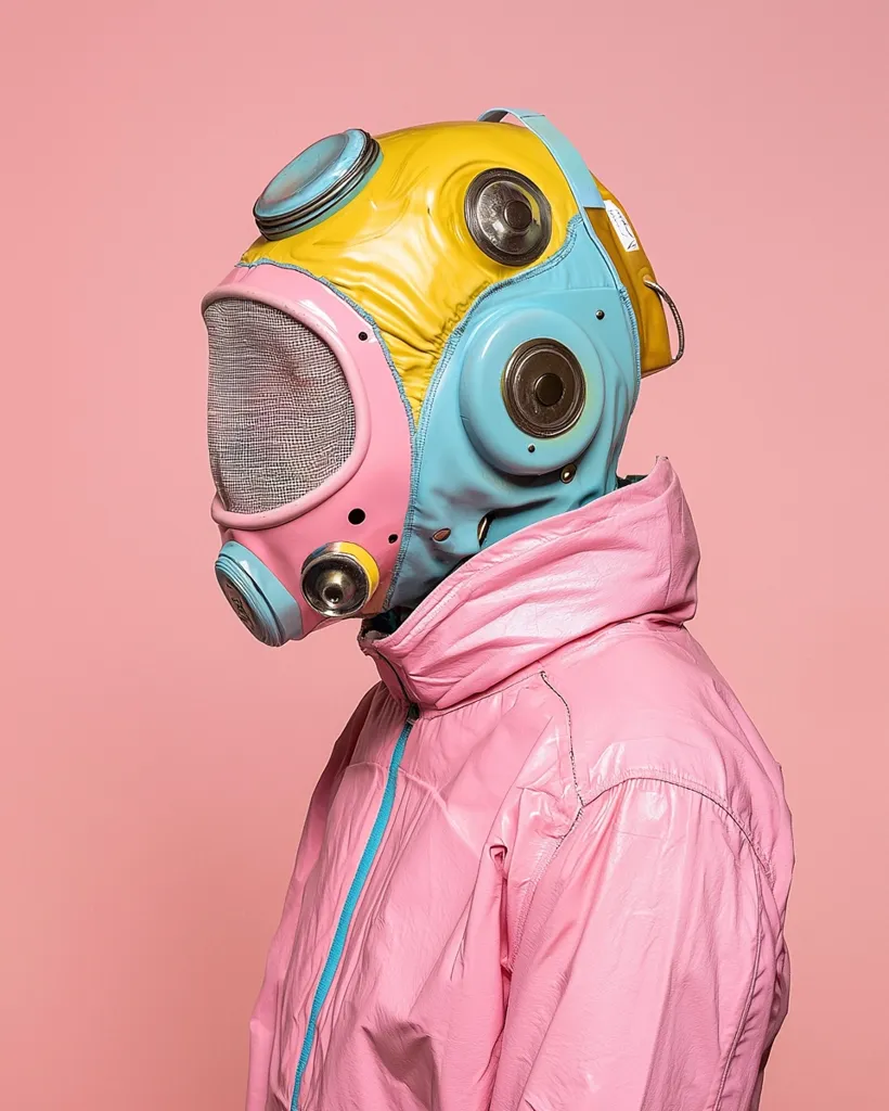 A person wearing a pink jacket and a colorful, futuristic-looking helmet. The helmet is a mix of yellow, blue, and pink with various round protrusions and a mesh covering the face.  The background is a solid pink.  The image has a retro, sci-fi aesthetic.