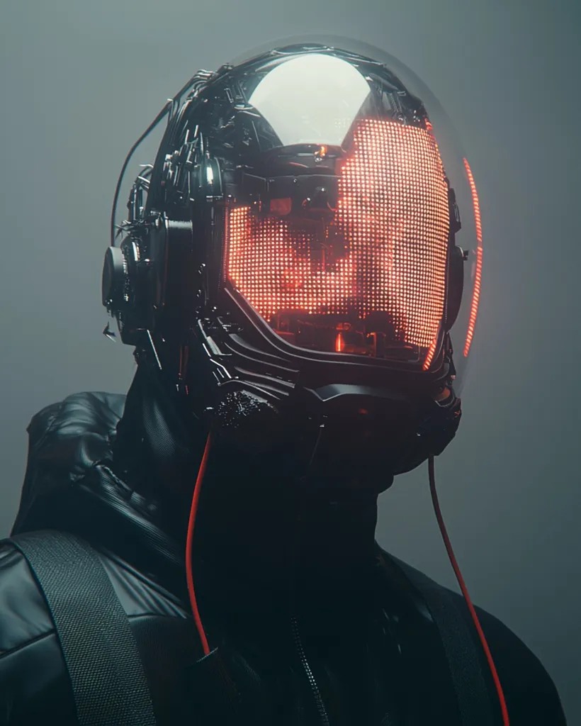 A person is wearing a futuristic helmet with a red glowing LED display on the front. The helmet is black and has a transparent visor. The person is wearing a black jacket and the background is a grey, nondescript wall. The image has a cyberpunk feel.