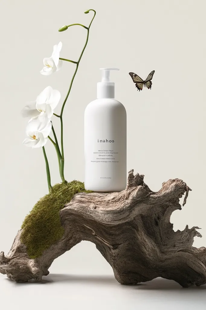 A white bottle of "inahoo" shampoo sits on a piece of driftwood covered in moss.  A single white butterfly rests on the wood, with a branch of white orchids rising up from behind the bottle.  The background is a soft, off-white.  The image evokes a sense of natural beauty and tranquility.