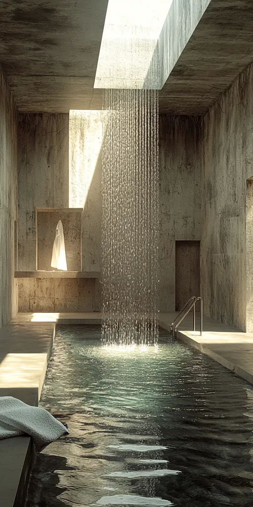 The image shows a minimalist indoor pool with a concrete ceiling and walls. A large waterfall pours into the pool from an opening in the ceiling. Sunlight streams through the opening, casting shadows on the concrete. The pool water is still and reflects the light from above. The overall aesthetic is serene and calming.