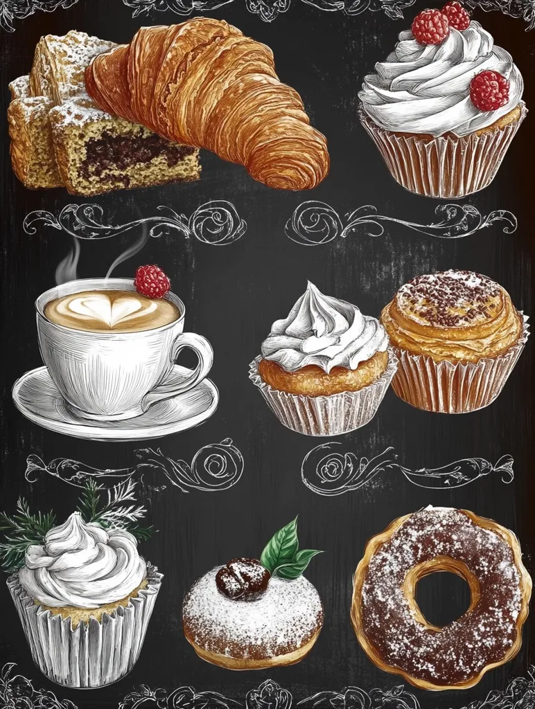 The image depicts a collection of various pastries and baked goods on a black chalkboard background. There is a croissant, a coffee cup with a heart-shaped design in the foam, a donut, cupcakes with different toppings, and a pastry with a brown sugar glaze. The image is drawn in a realistic style, with fine details and a sense of depth. The chalkboard background adds to the rustic and inviting atmosphere of the image.
