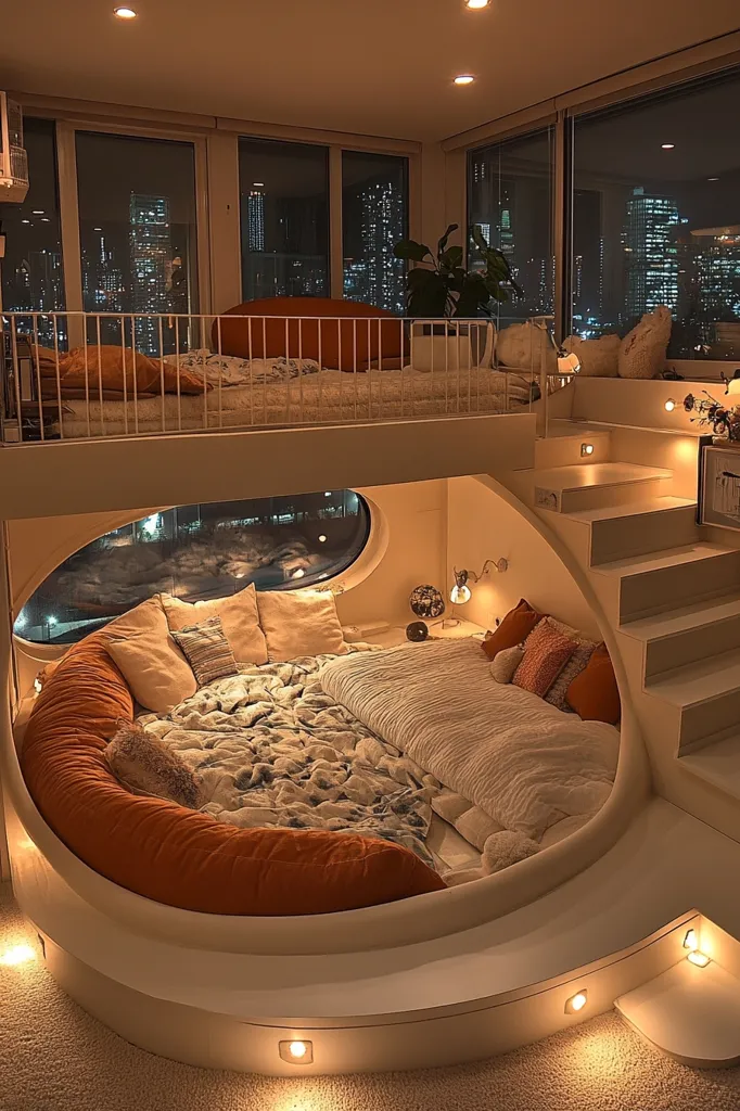 The image shows a cozy and modern bedroom with a circular bed in a loft setting. The bed is surrounded by plush pillows and blankets, and the room is lit by warm, ambient lighting.  A large window provides a view of a city skyline at night, while a set of stairs leads up to a second level, where another bed is situated. The room is designed with a minimalist aesthetic, featuring clean lines and simple furnishings. The overall atmosphere is one of relaxation and sophistication.
