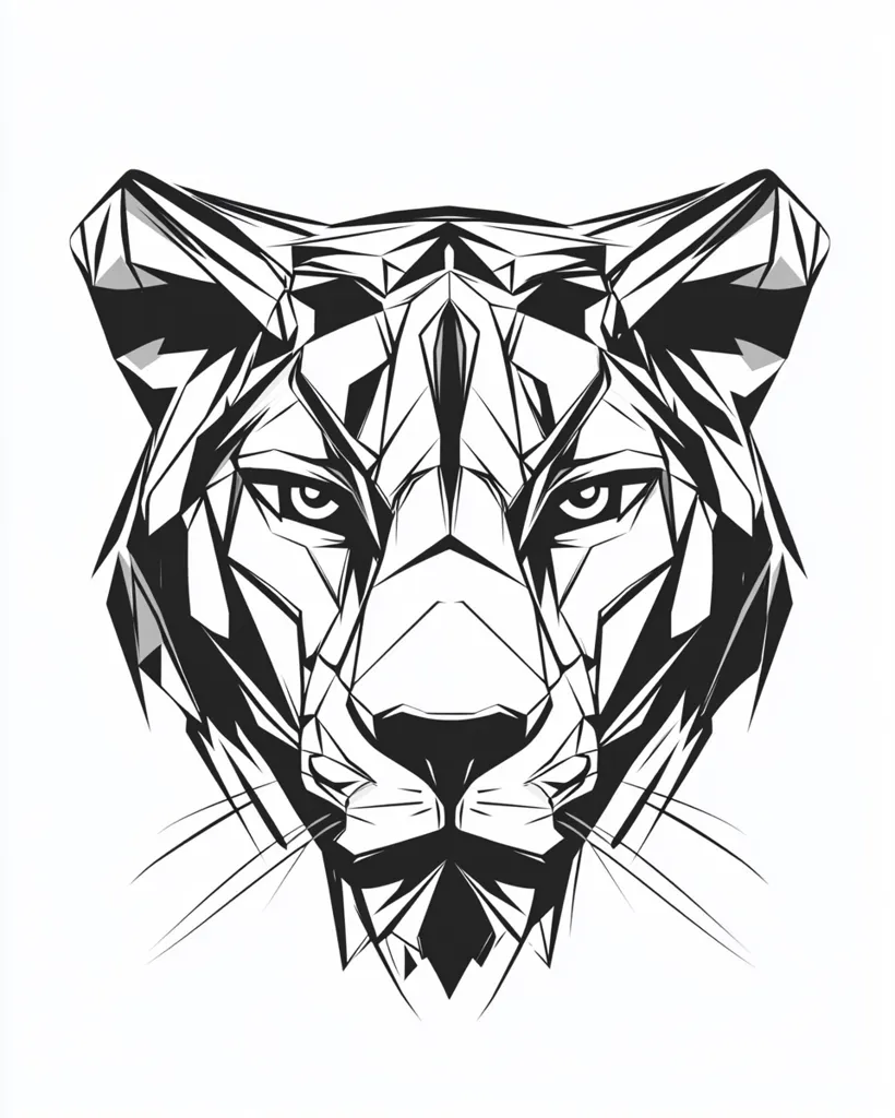 The image is a black and white illustration of a tiger's face. The tiger's fur is depicted using geometric shapes, creating a modern and abstract look. The tiger's eyes are sharp and intense, emphasizing its predatory nature. The image is simple yet powerful, capturing the essence of a fierce and majestic creature.