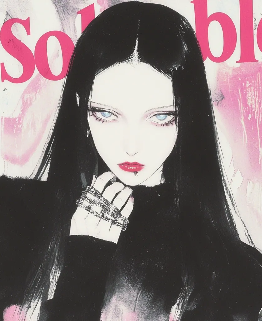 The image features a close-up portrait of a young woman with long black hair. She is wearing a black turtleneck and has a piercing on her lower lip. She has striking blue eyes and pale skin, and she is holding a silver chain in her hand. The background is a pink and gray abstract design. The overall style of the image is dark and gothic.