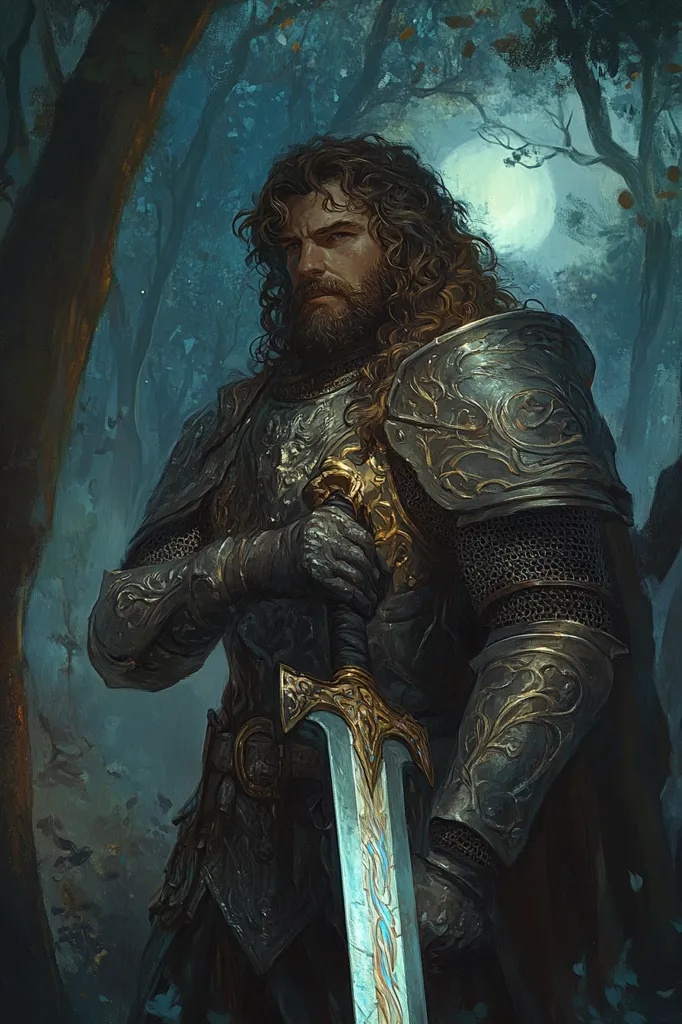 A knight stands in a dark, shadowy forest, holding a sword. He wears ornate armor with intricate gold details. The knight's face is illuminated by moonlight, casting a somber expression on his features. His long, dark hair frames his face, adding to the sense of mystery and intrigue.  The sword is partially obscured by his hand, but the blade shines brightly, suggesting power and strength. The forest background adds a sense of depth and ambiance, creating an evocative scene.  The image evokes a sense of mystery and heroism, perhaps depicting a knight on a perilous quest.