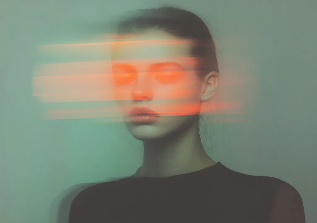 The image features a woman with long dark hair, wearing a black top, against a muted green background. Her face is partially obscured by a blurred, horizontal, orange light, creating an ethereal and mysterious atmosphere. The focus on the woman's lips and eyes, though blurred, hints at a sense of vulnerability and hidden emotions. The overall composition evokes a sense of longing and introspection.