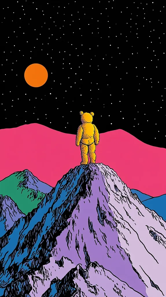 A yellow teddy bear stands on the peak of a mountain, silhouetted against a starry night sky. The mountain is a vibrant purple, blue and green, and a large orange moon hangs in the sky. The image is stylized and feels surreal, as if the teddy bear is alone and lost in a dreamlike landscape.