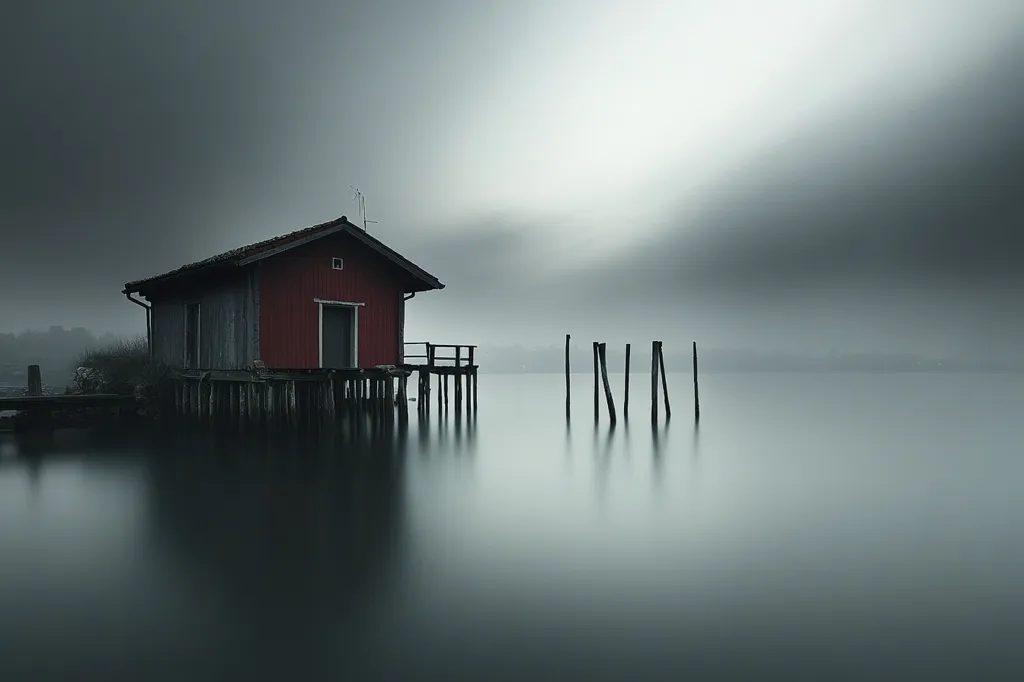 A solitary red cabin sits on stilts in a still, misty lake. The soft light of dawn casts a hazy glow over the scene, illuminating the cabin's red exterior and the weathered wooden pillars supporting it. A few skeletal posts rise from the water in the distance, adding to the sense of tranquility and solitude. The overall feeling is one of peace and stillness.