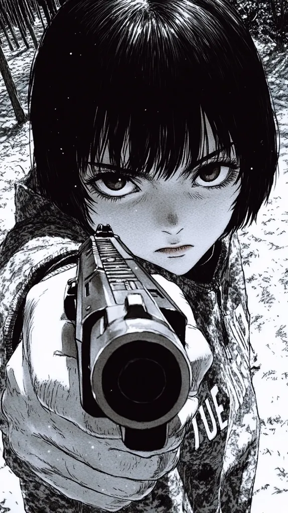 The image depicts a young woman with dark hair,  holding a gun in front of her face. Her expression is intense, her eyes wide and her mouth set in a firm line. The background is blurred and indistinct, suggesting a sense of urgency or danger. The overall tone of the image is dark and brooding, hinting at a story of violence or conflict.