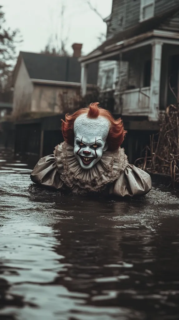 The image shows Pennywise the Dancing Clown from the movie "IT," submerged in murky water. His white, painted face is contorted in a menacing grin, and his bright red hair contrasts with the dark water. The background is blurry, suggesting a dilapidated house and overgrown foliage. The image is a creepy and unsettling portrayal of a fictional horror character.