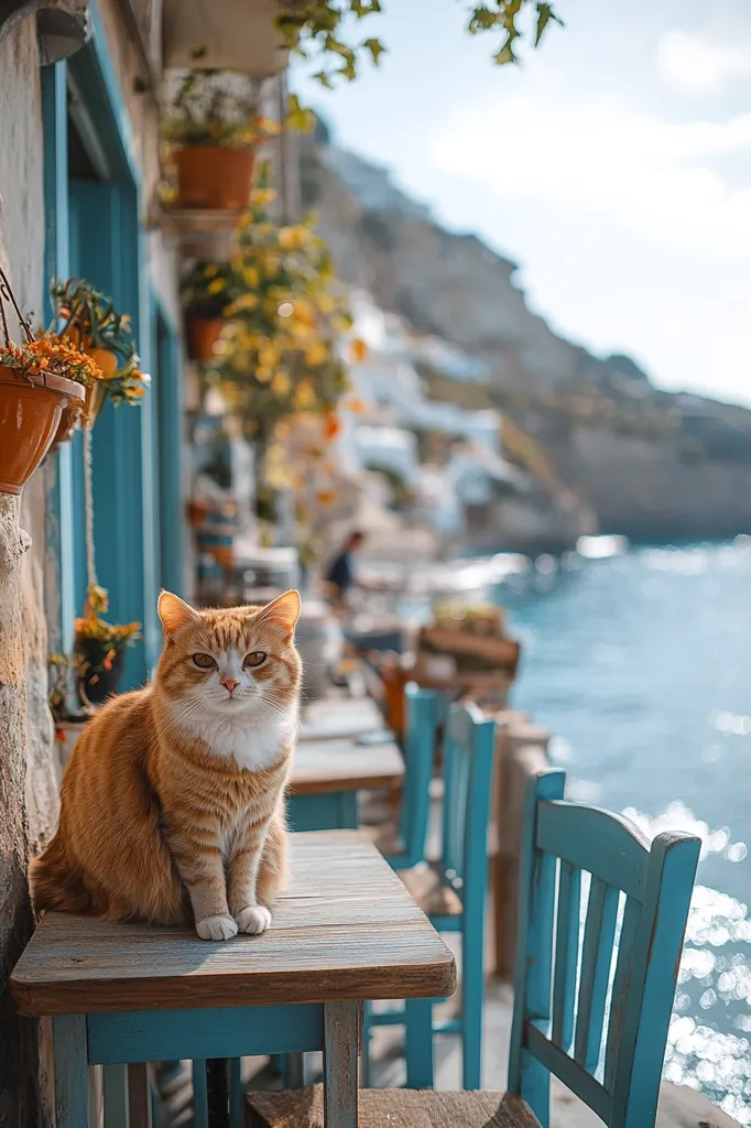 A ginger cat sits on a wooden table with a blue painted base, looking directly at the camera.  The table is part of an outdoor cafe setting with a view of the ocean and a cliffside village in the distance. The blue tables and chairs are weathered, adding to the charm of the scene. The cat's orange fur contrasts beautifully with the blue accents of the cafe.  The ocean is sparkling in the background, creating a serene and relaxing atmosphere.