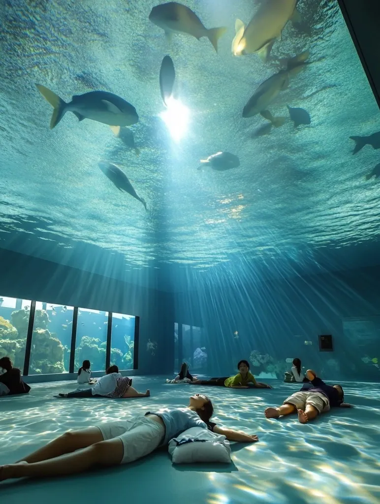 A group of people lie on a floor, gazing up at a ceiling, where a tank full of water houses several fish swimming. The water is clear and blue, and the sun shines through it, creating a bright, ethereal ambiance.  The room appears to be a large aquarium with glass walls and windows that offer views of the underwater world. The image captures a sense of tranquility and awe, as the people relax and observe the aquatic life above them.