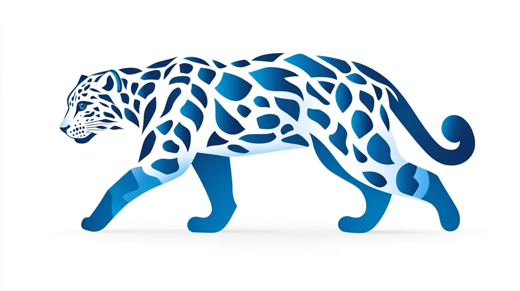 The image depicts a stylized blue and white leopard, with a gradient of color. The leopard is depicted in profile, facing to the left, with its tail curled around. Its spots are stylized into abstract shapes. The overall design is modern and minimalist.