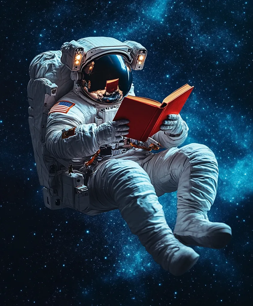 An astronaut, wearing a white spacesuit with an American flag patch, floats in space against a backdrop of twinkling stars. They are engrossed in reading a red book, seemingly lost in their own world amidst the vastness of the cosmos. The image evokes a sense of wonder and isolation, highlighting the human desire for knowledge and exploration even in the most remote corners of the universe.