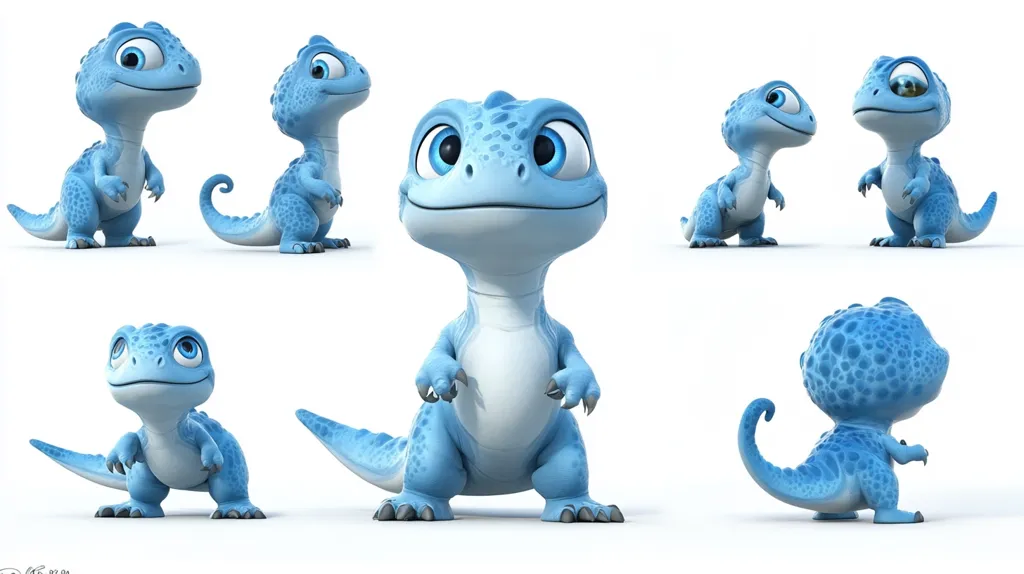 The image shows six different poses of a cartoon blue dinosaur with large eyes, a small snout, and a rounded body. The dinosaur is depicted against a white background. The poses include a front view, a back view, two side views, and a view from above. The dinosaur is shown in a playful and curious stance.