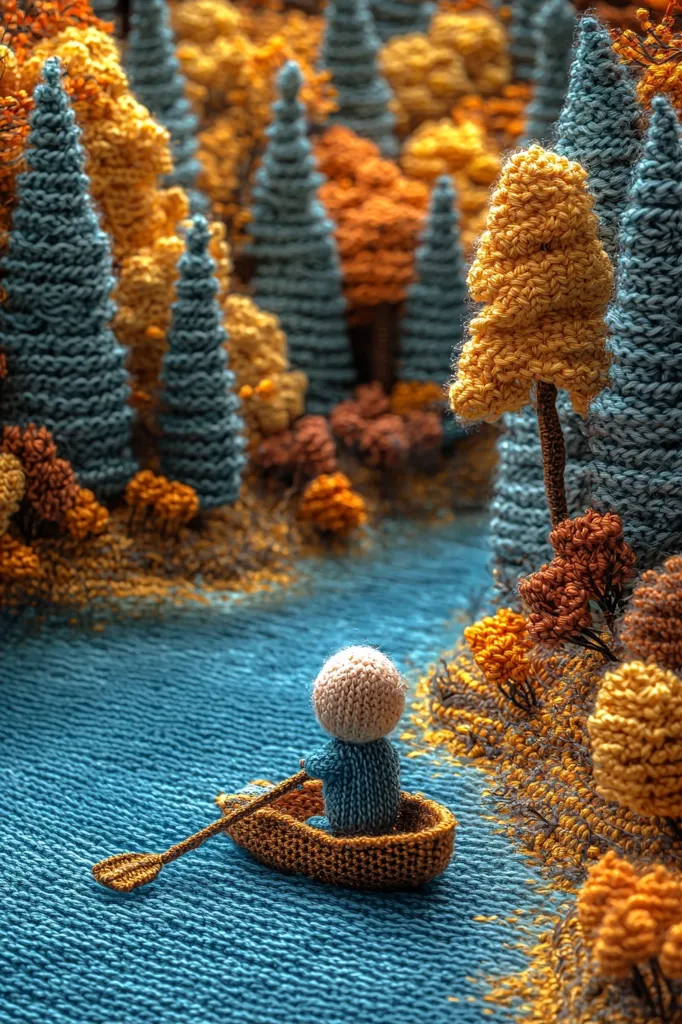 A knitted scene of a forest with a river flowing through it.  The trees are a mix of blue and yellow, with a lone figure rowing a small boat down the river. The river's surface is a light blue, and the scene is rendered with a soft, fuzzy texture. The overall effect is whimsical and charming.