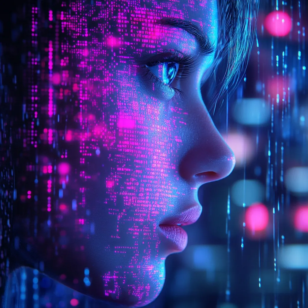 The image features a close-up of a woman's face. The image is stylized with digital elements and a glowing pink and blue color scheme. The woman's face is partially obscured by a stream of pink code, which appears to be flowing down her face and into the background. The background is a blur of blue and pink lights, creating an ethereal and futuristic atmosphere. The woman's expression is contemplative and enigmatic, with a subtle hint of sadness in her eyes. The overall effect is one of beauty, mystery, and the ever-present influence of technology in modern life.