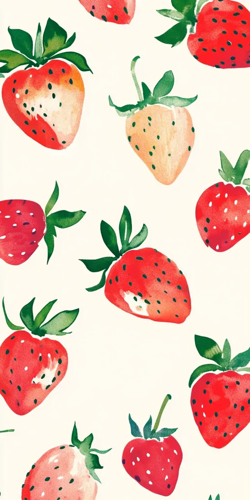 The image shows a watercolor pattern of strawberries on a white background. The strawberries are painted in shades of red and pink, with green leaves. Some strawberries are facing upwards, while others are turned sideways. The pattern is simple yet elegant, with the watercolor technique creating a soft and delicate effect.